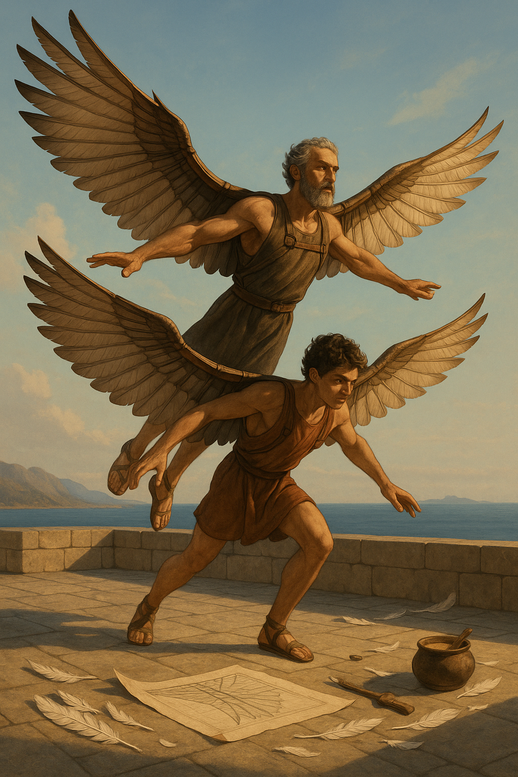 Daedalus and Icarus flying, symbolizing freedom balanced with guidance.